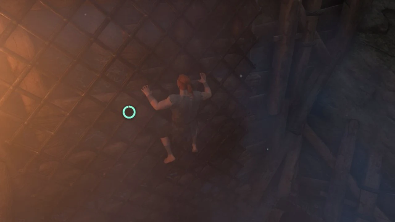 Enshrouded character climbing the lattice wall inside the wooden scaffold in the Shroud valley