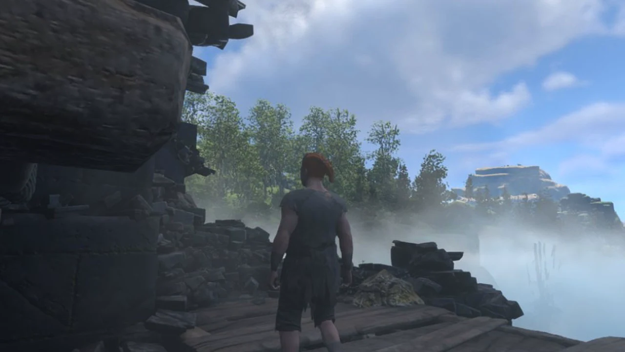 Character on a broken wooden ledge by collapsed stone walls, looking over a misty valley