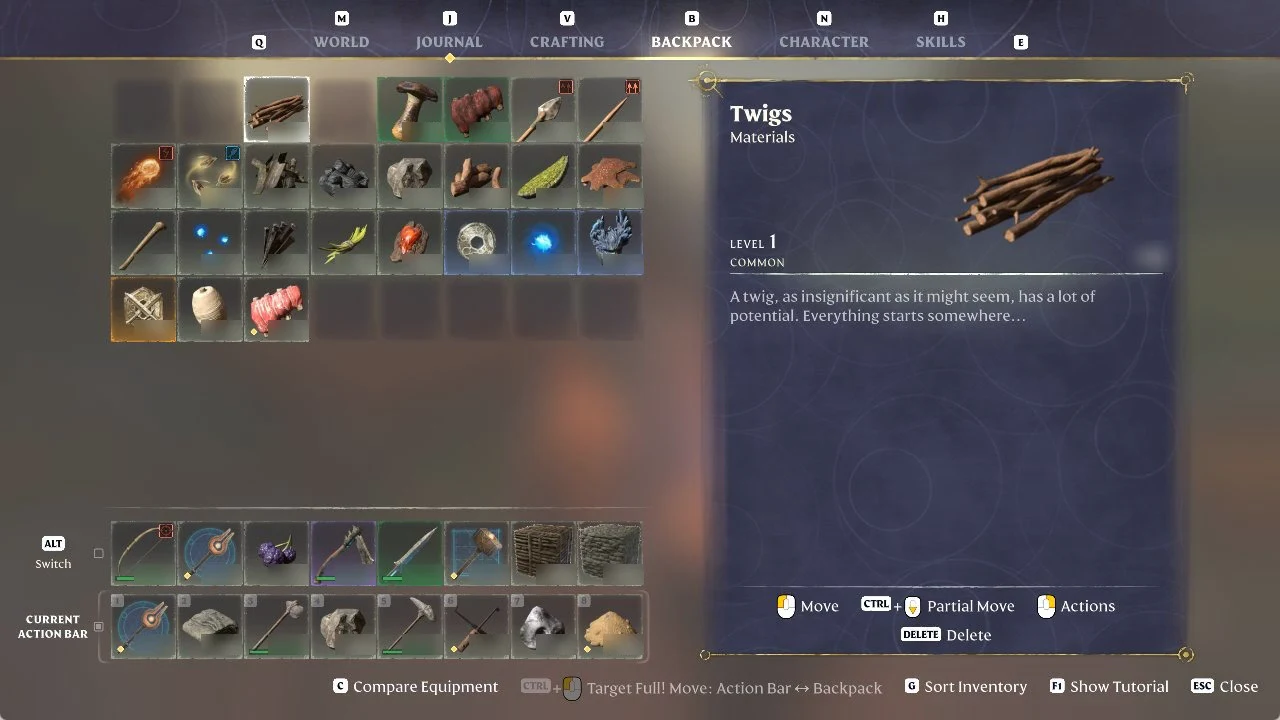 Backpack screen with a stack of Twigs selected and its item card details showing