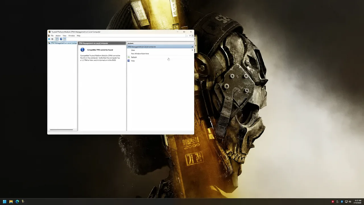 TPM Management on Local Computer window opened from tpm.msc, showing whether a compatible TPM is available