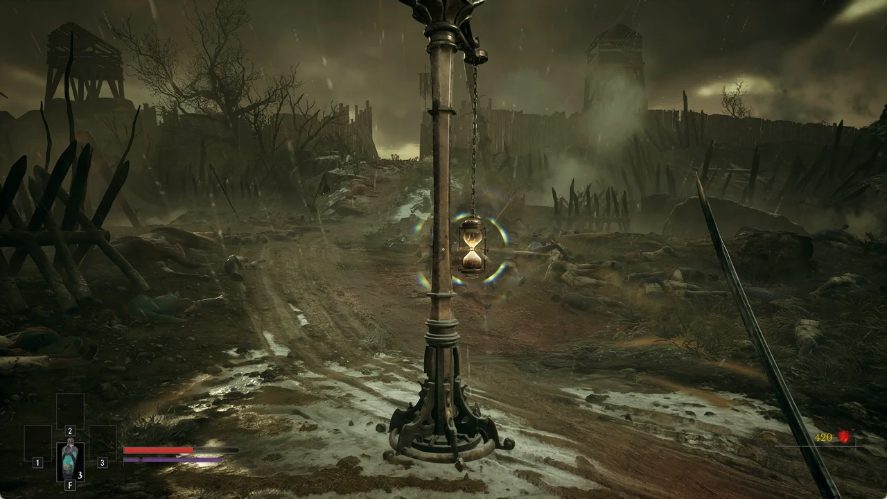 Character with sword drawn standing before a glowing hourglass Lantern on a pole