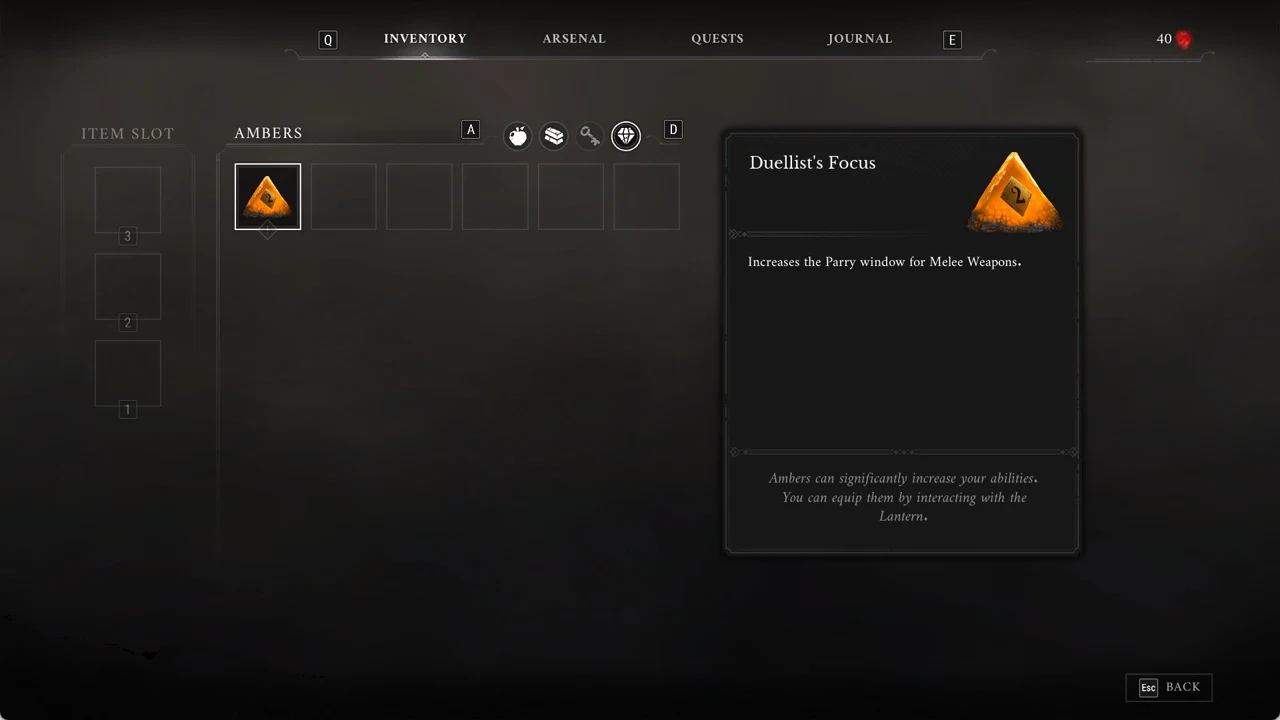 The AMBERS tab with Duellist's Focus selected and its parry-window effect shown