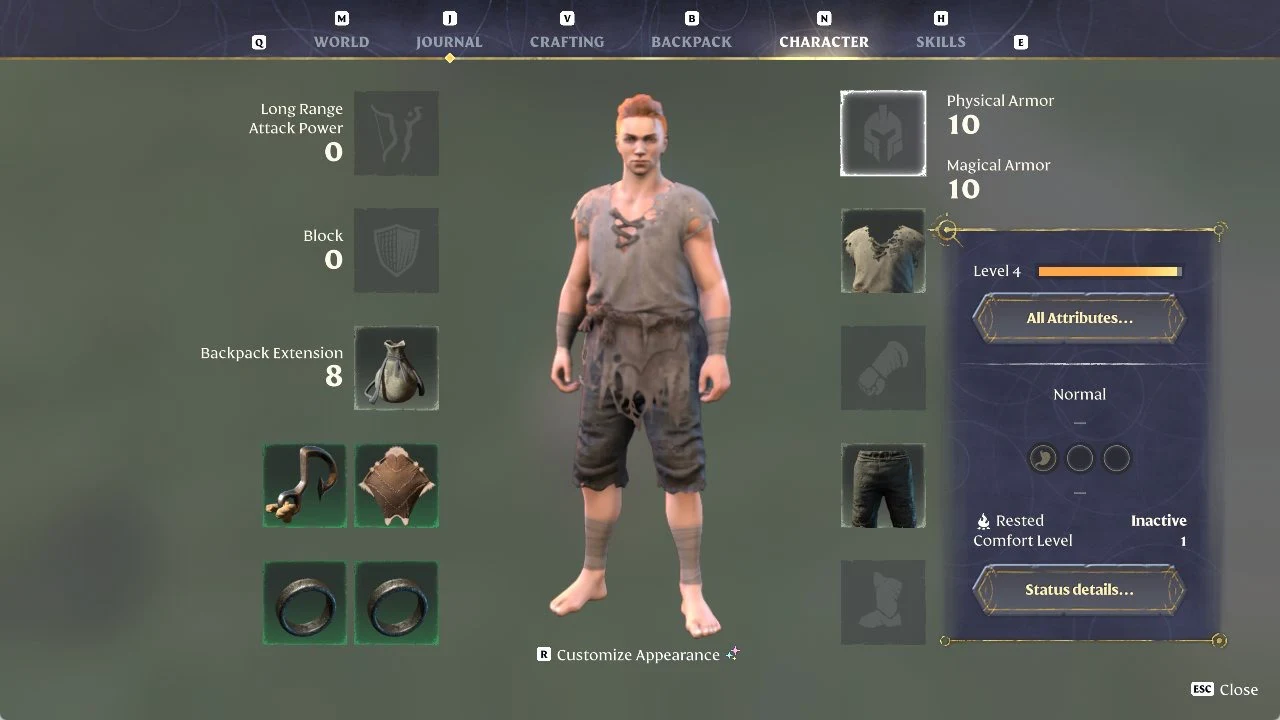 Enshrouded CHARACTER tab showing equipped gear, with two filled ring slots at the bottom left
