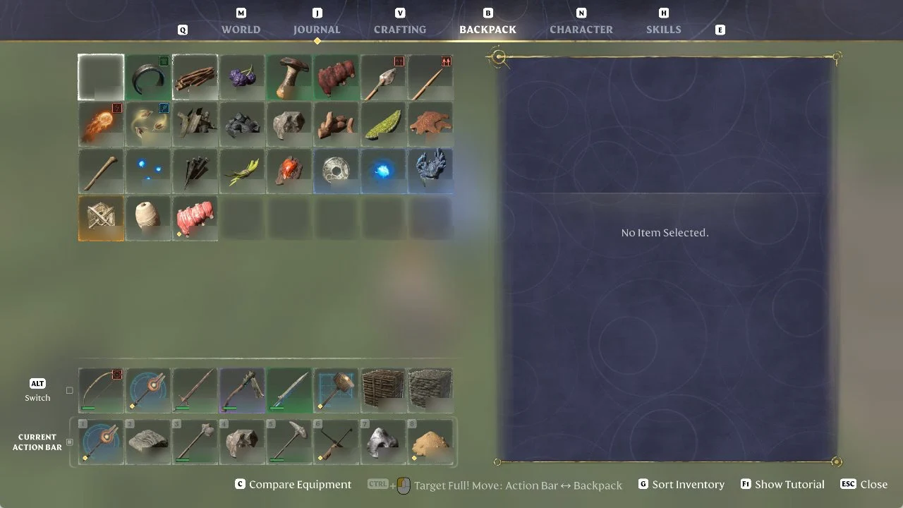 Enshrouded Backpack tab with an empty inventory slot where the equipped ring used to be