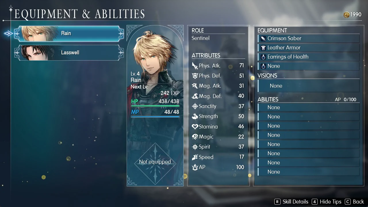 Equipment and Abilities menu with Rain selected, showing attributes, equipment, an empty Visions slot and ability slots