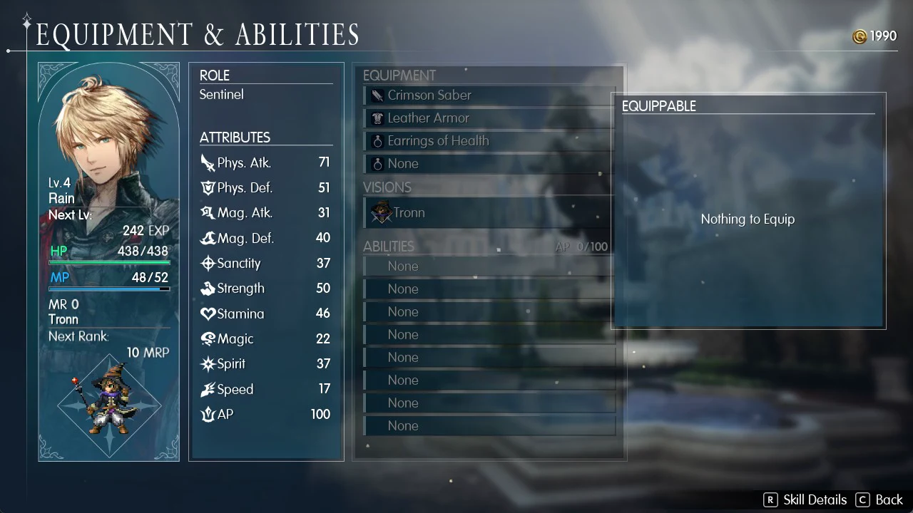 Rain's empty ability slot selected with the Equippable panel reading Nothing to Equip