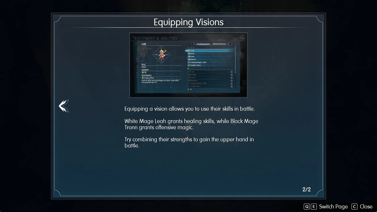 Equipping Visions tutorial page 2 of 2 saying Leah grants healing skills and Tronn grants offensive magic