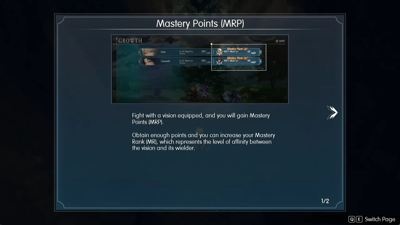 Mastery Points tutorial page one of two explaining that battles with a vision equipped earn MRP
