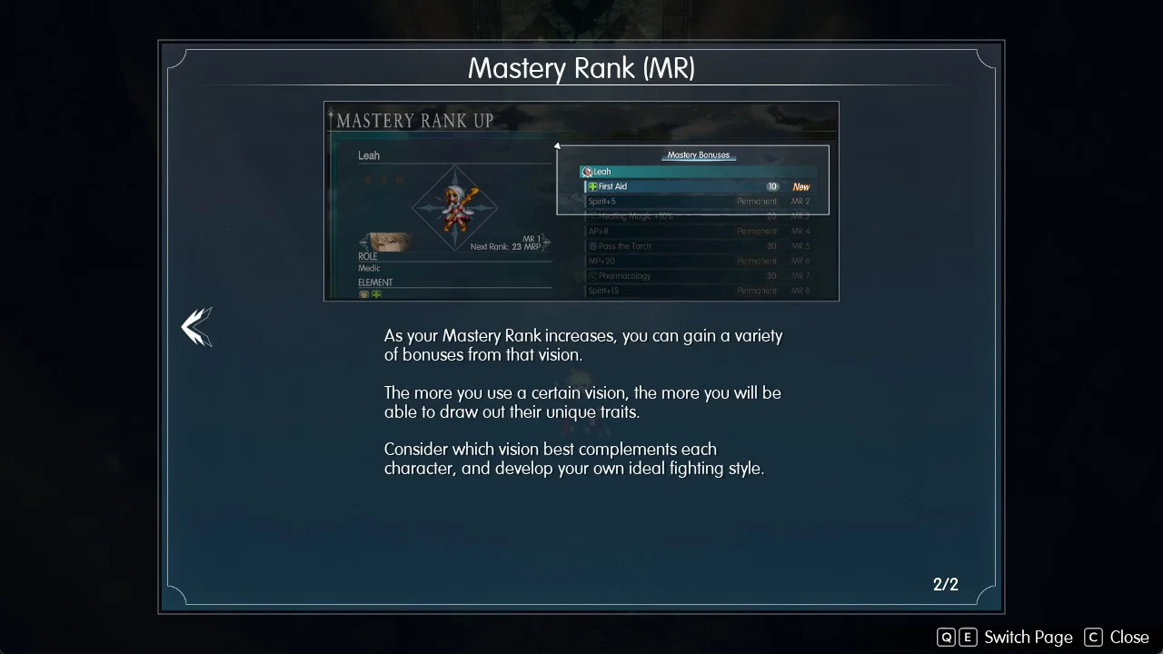 Mastery Rank tutorial page two showing Leah at MR 1 with the First Aid bonus marked New