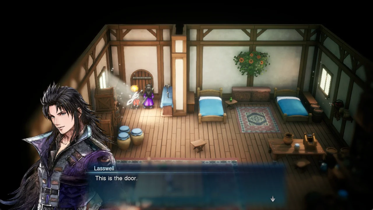 Lasswell's dialogue box reads This is the door as the party stands next to an arched wooden door