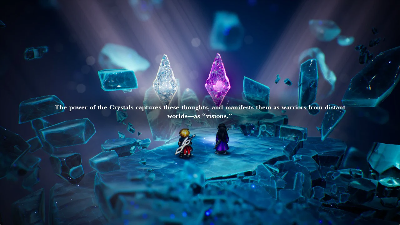 Two characters stand before glowing white and purple crystals as narration describes warriors manifesting as visions