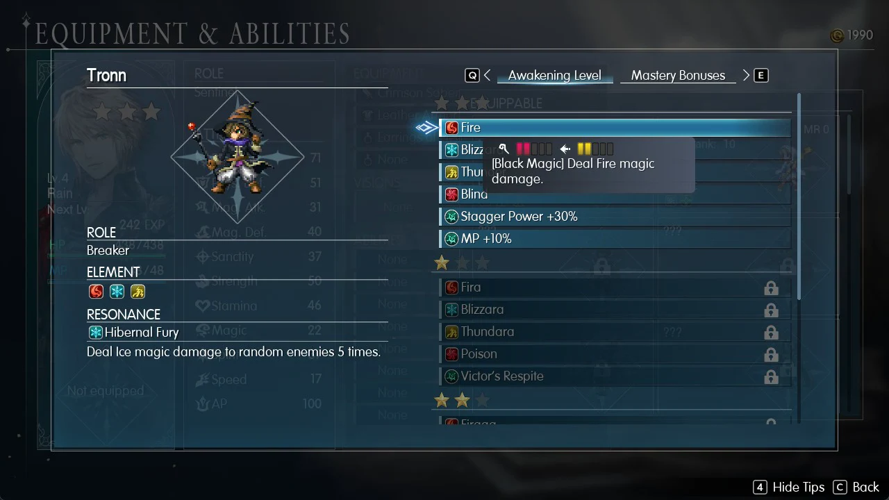 Tronn's Awakening Level tab with the Fire skill highlighted and its Fire magic damage tooltip open