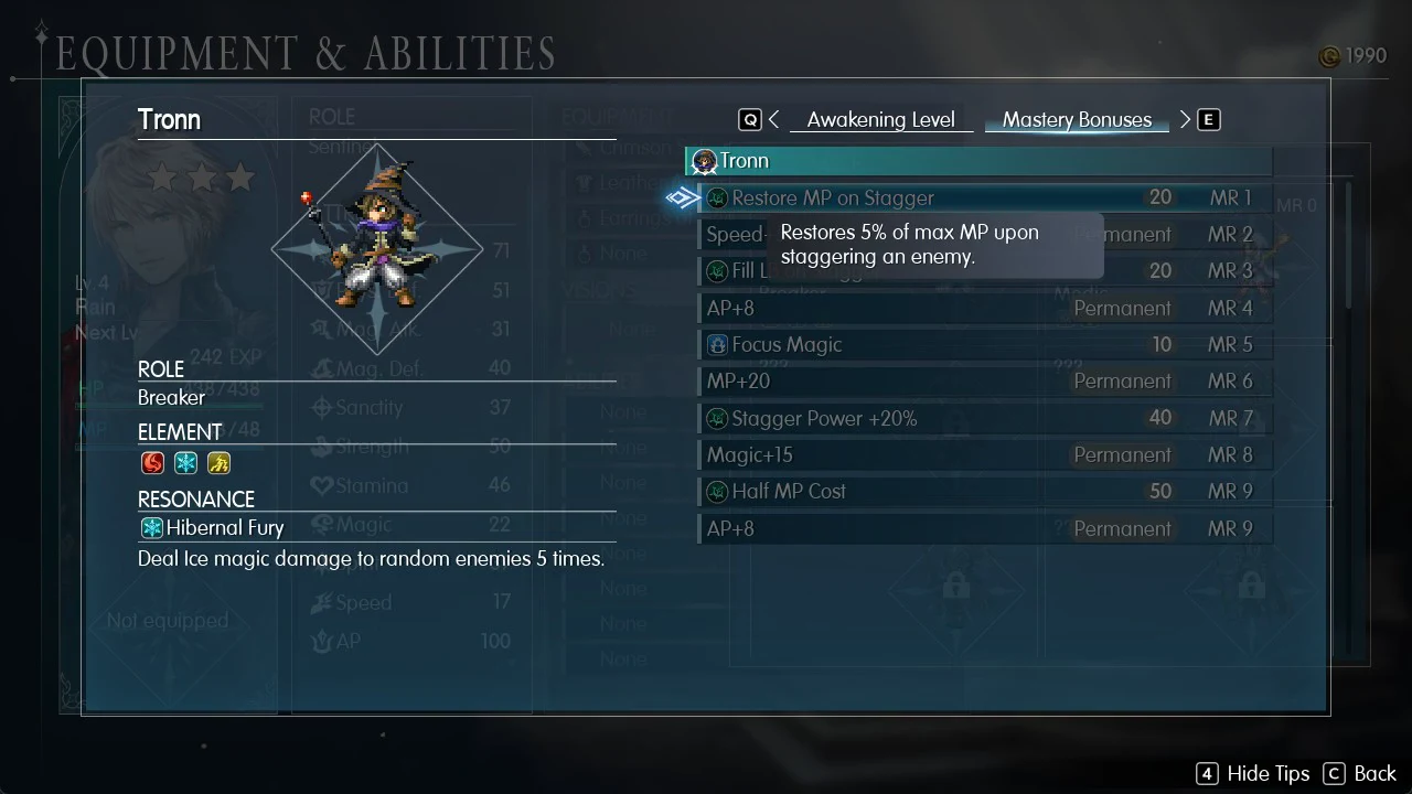 Tronn's Mastery Bonuses tab with Restore MP on Stagger highlighted and its effect shown