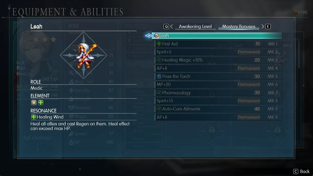 Leah's Mastery Bonuses tab listing her rank rewards from First Aid at MR 1 onward