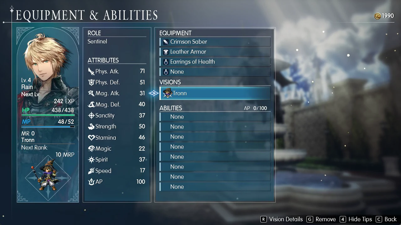 Rain's Visions slot now showing Tronn, with MR 0 and Next Rank 10 MRP on the character panel