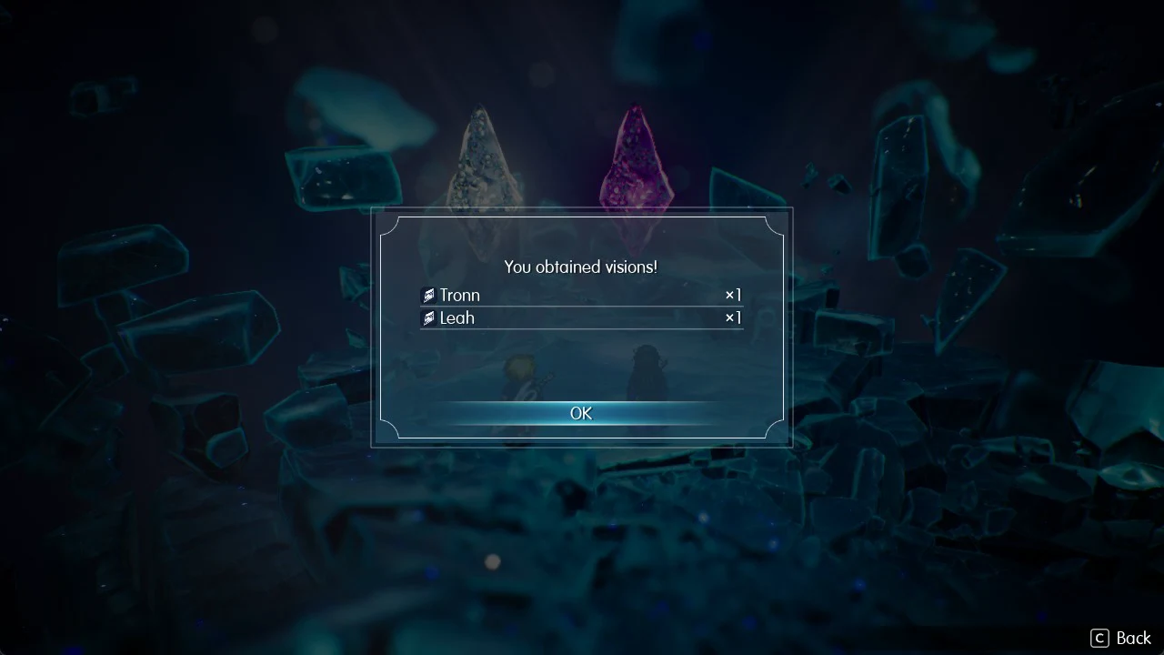 Reward popup reading You obtained visions with Tronn and Leah listed above an OK button