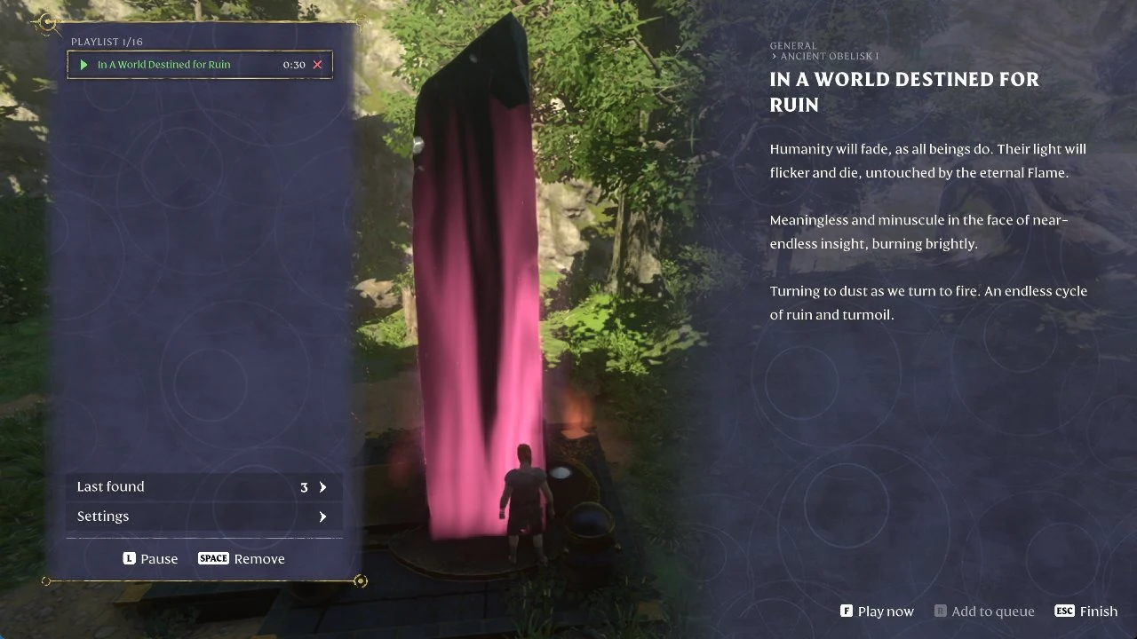Lore playlist screen with the obelisk's entry selected and its track details open