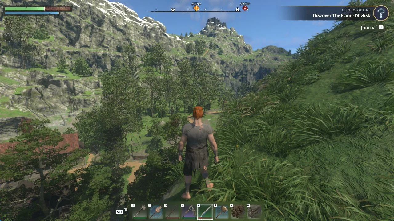 Player on a grassy ridge above a forest valley with the Discover The Flame Obelisk objective tracked