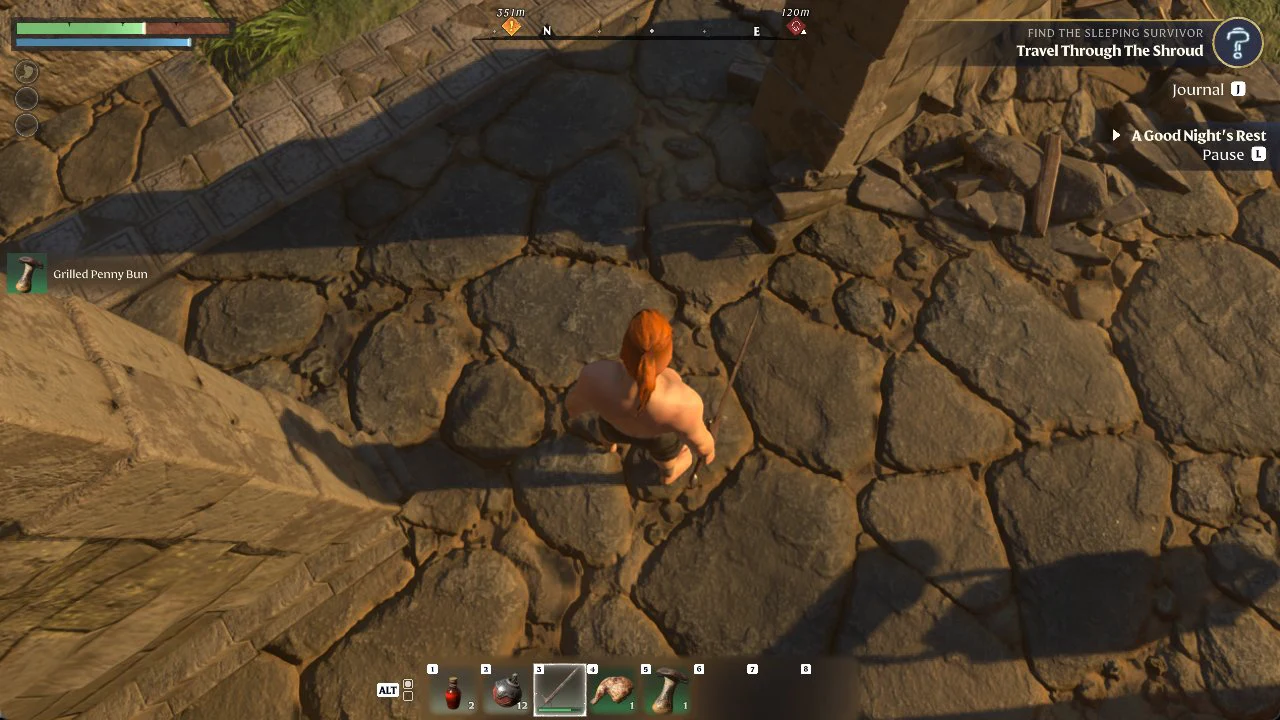 Standing beside the cot in the Longkeep camp with the E Sleep interaction prompt showing