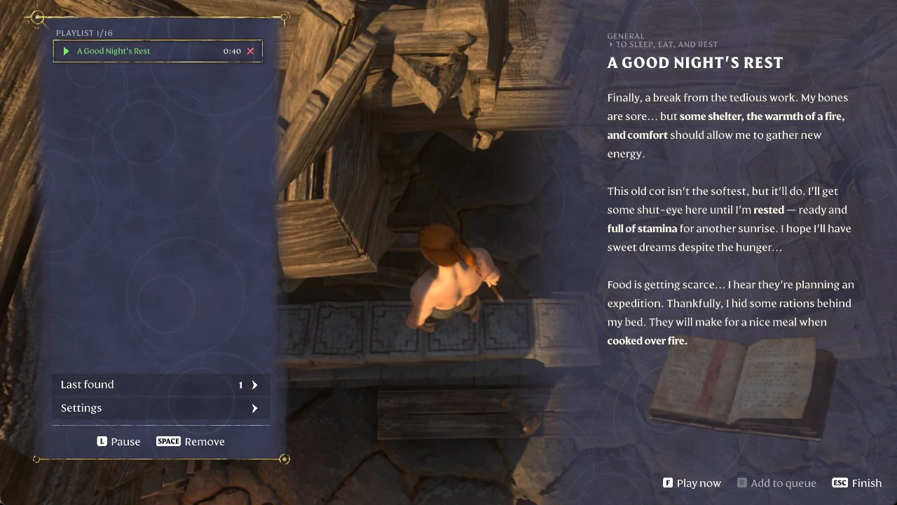 The A Good Night's Rest note open on screen with its story text and Play now and Add to queue options