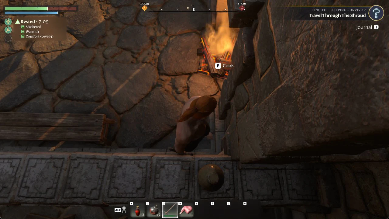 Facing a lit campfire with the E Cook interaction prompt on screen