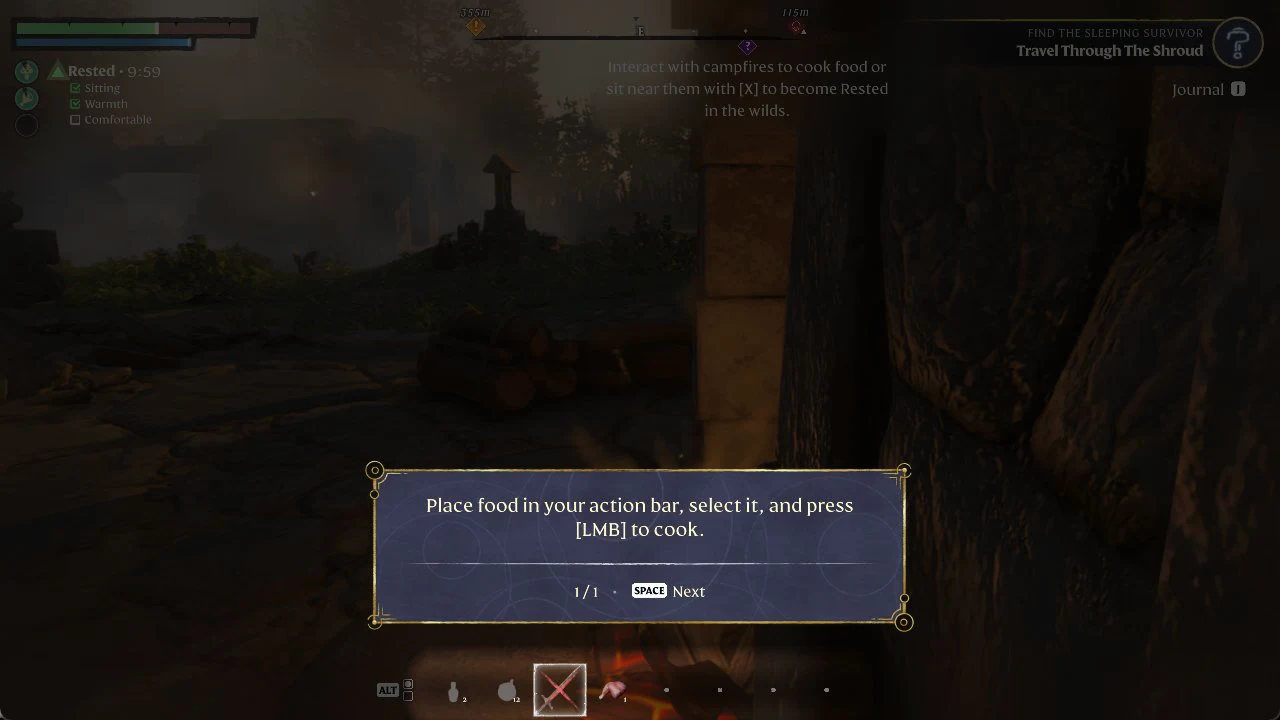 Cooking tutorial card explaining to place food on the action bar and press LMB to cook