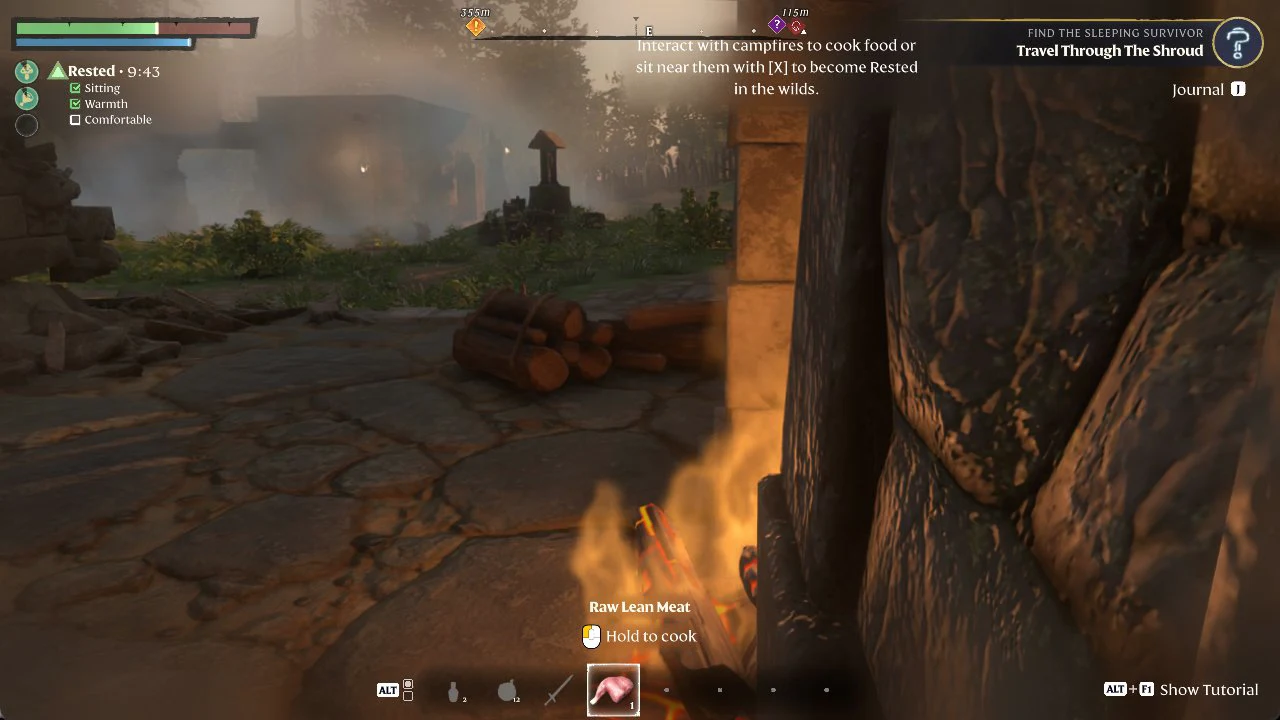 Raw Lean Meat selected at the campfire with the cook button held down over the flames