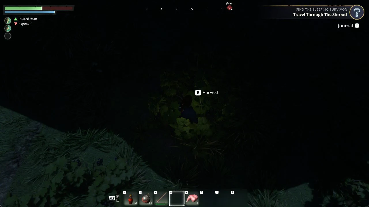 Aiming at a berry plant with the E Harvest prompt on screen