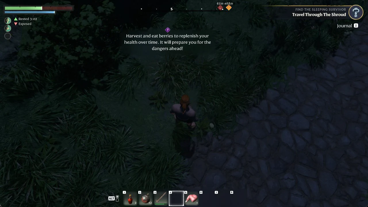 Survival tutorial prompt about harvesting and eating berries while standing among bushes by a stone path