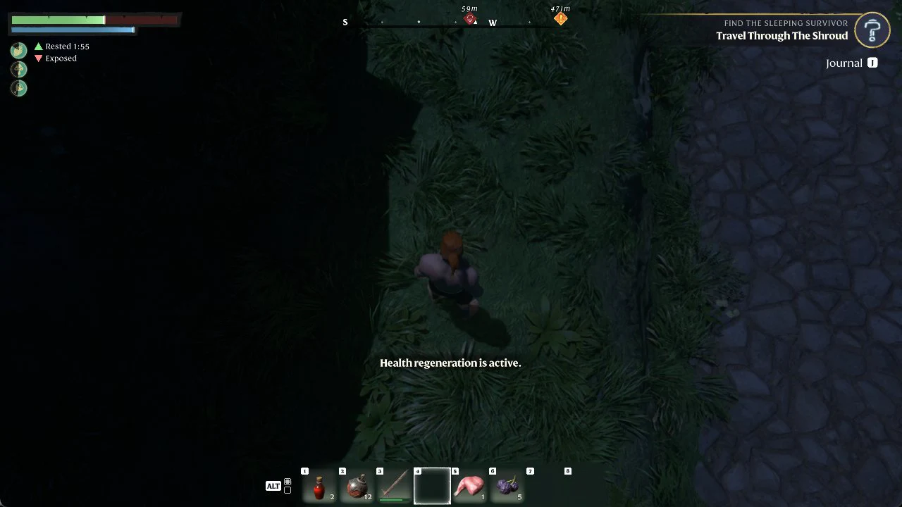 HUD reporting health regeneration active with hotbar slot four selected while standing in grass