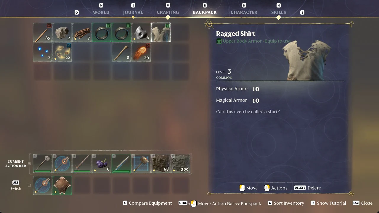 Backpack inventory with the crafted Ragged Shirt selected and its armor stats shown