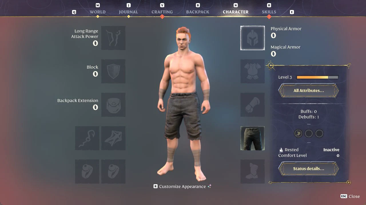 Enshrouded Character tab with a character in trousers, 0 Physical and Magical Armor, and one debuff active