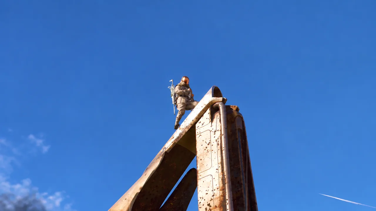 A character posing on a raised crane arm against a clear blue sky through the viewfinder