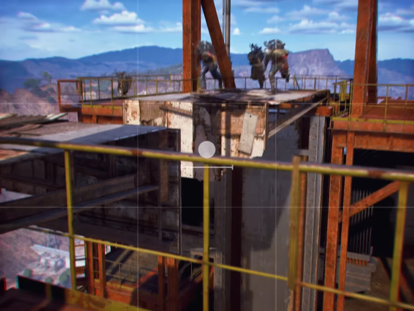 Raiders crossing a rusted catwalk with a circular control marker centered on screen