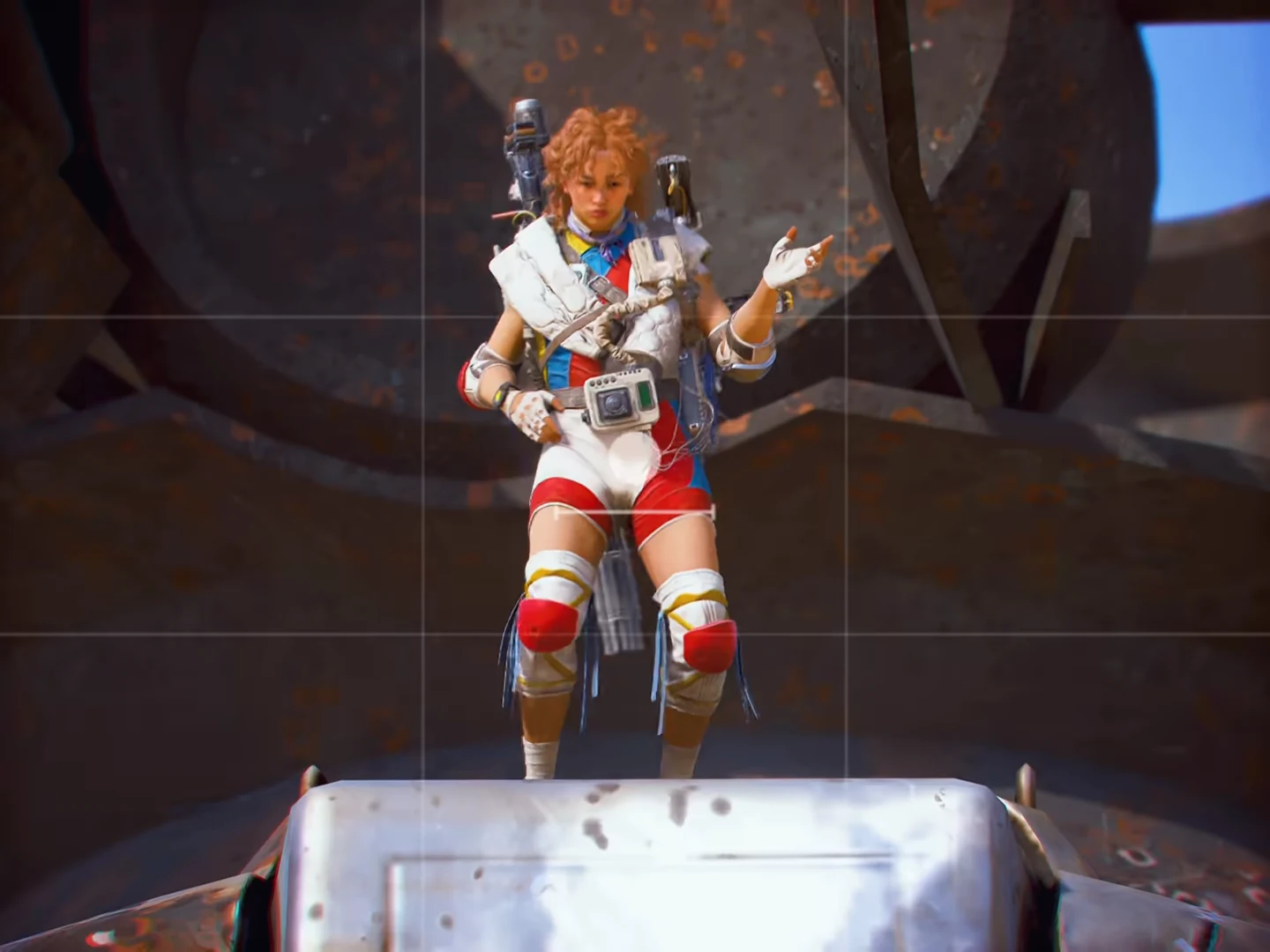 A character posing on top of destroyed machinery framed in the camera viewfinder