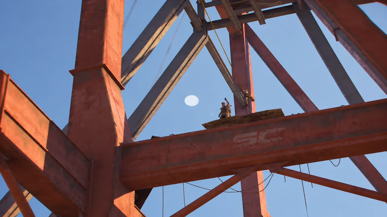 A raider framed atop a red industrial beam through the camera viewfinder in ARC Raiders