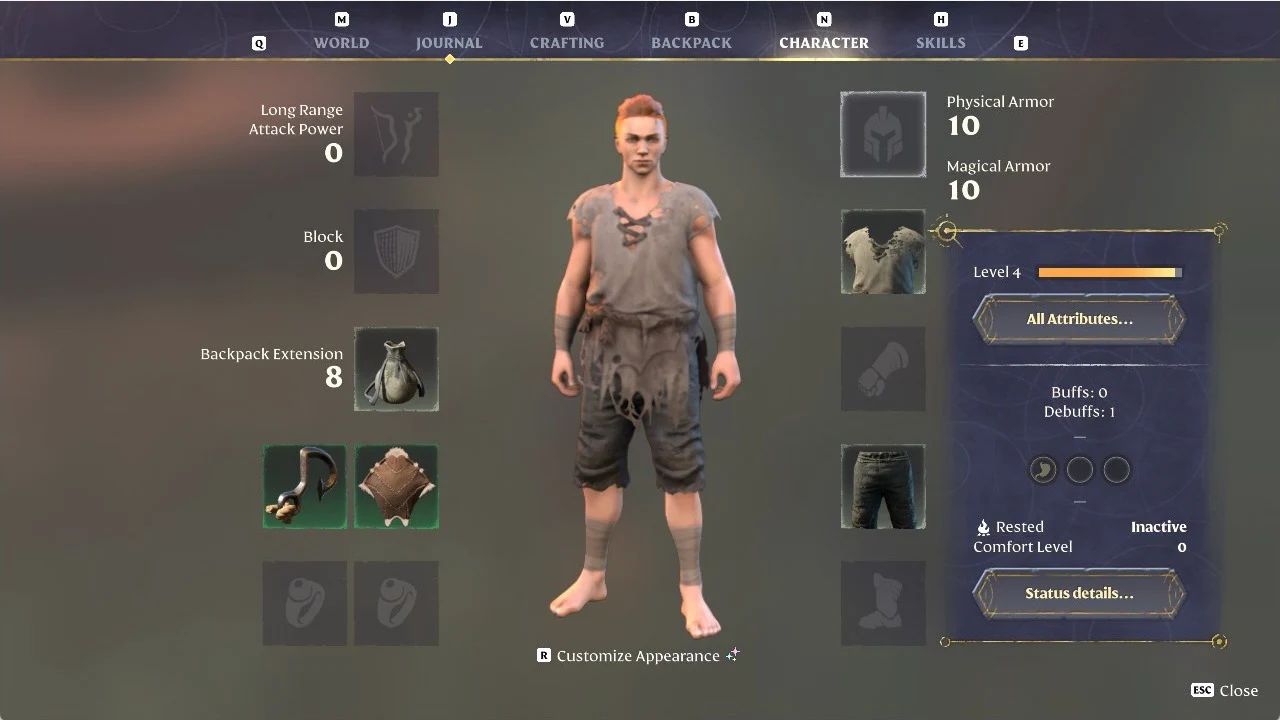 Enshrouded Character tab listing equipped gear and stats, including the backpack extension