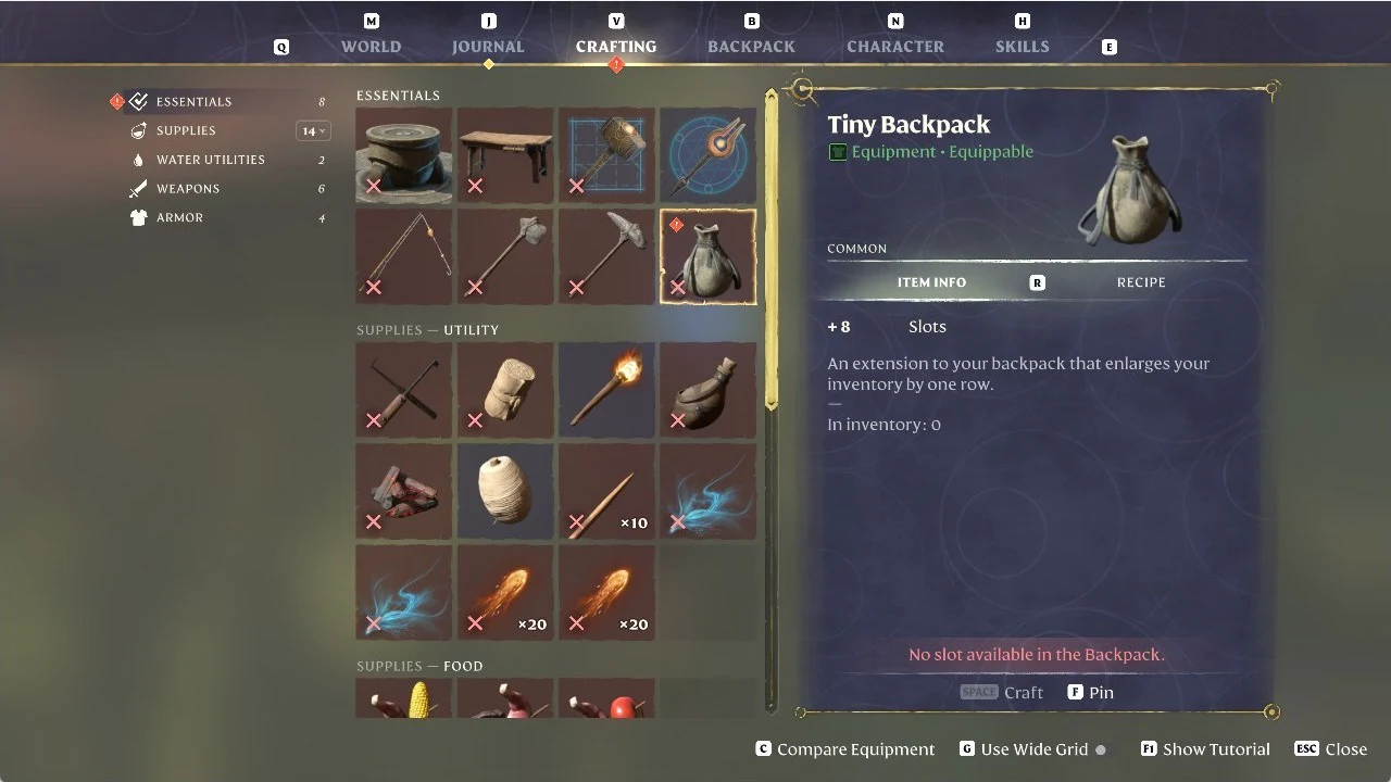 Enshrouded Crafting screen with the Tiny Backpack selected and crafting blocked by a full backpack