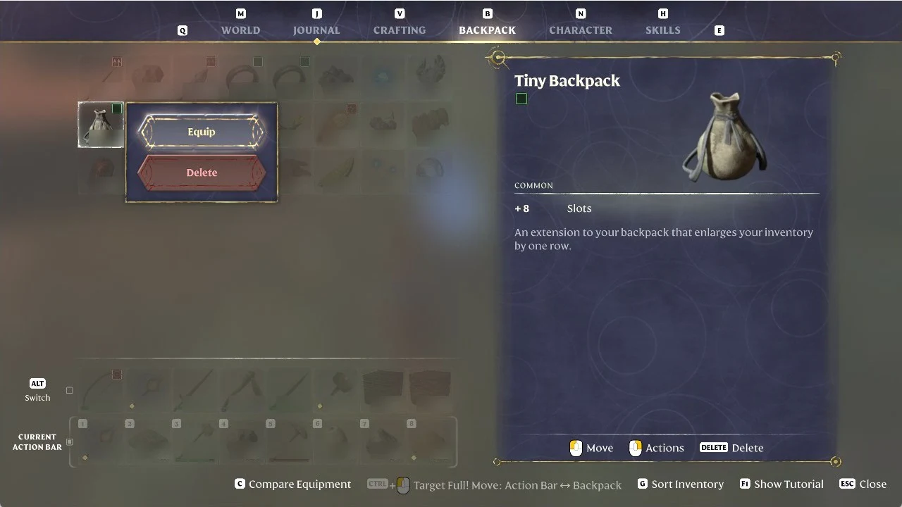 Enshrouded Backpack tab with the Tiny Backpack selected and the Equip action highlighted