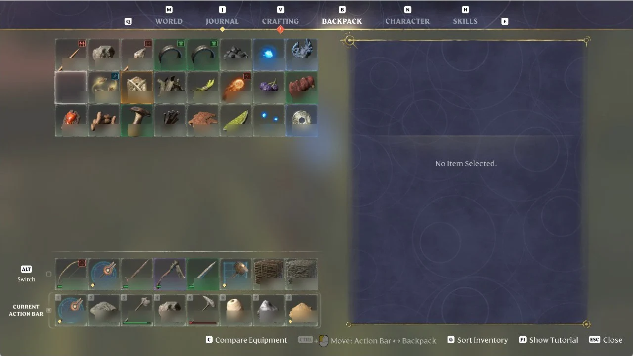 Enshrouded Backpack screen showing the inventory grid with no item selected after freeing a slot