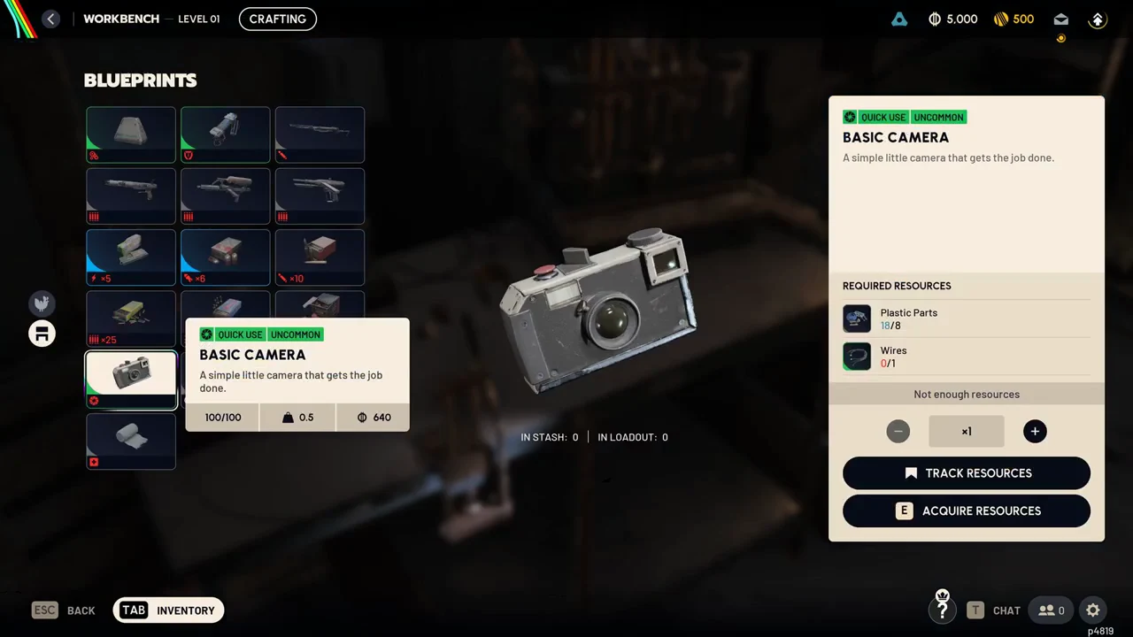 Basic Camera recipe selected at the Workbench, showing Plastic Parts and missing Wires