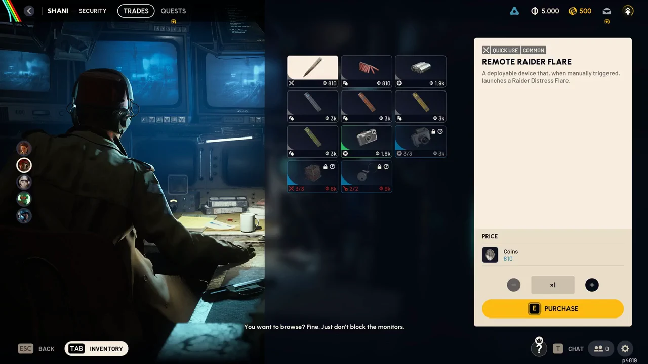 Shani's Trades screen with an item selected and a Purchase button ready