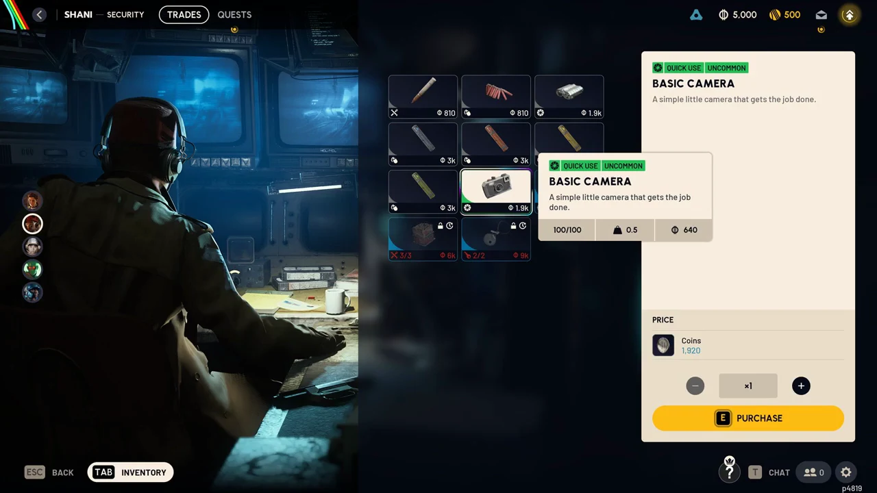 Basic Camera selected in Shani's Trades, priced at 1,920 Coins with its stats shown