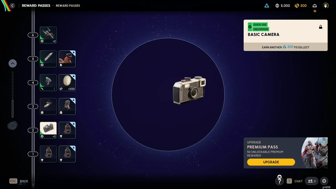 Reward Passes screen with the tier 2 Basic Camera reward selected and its collection requirement shown