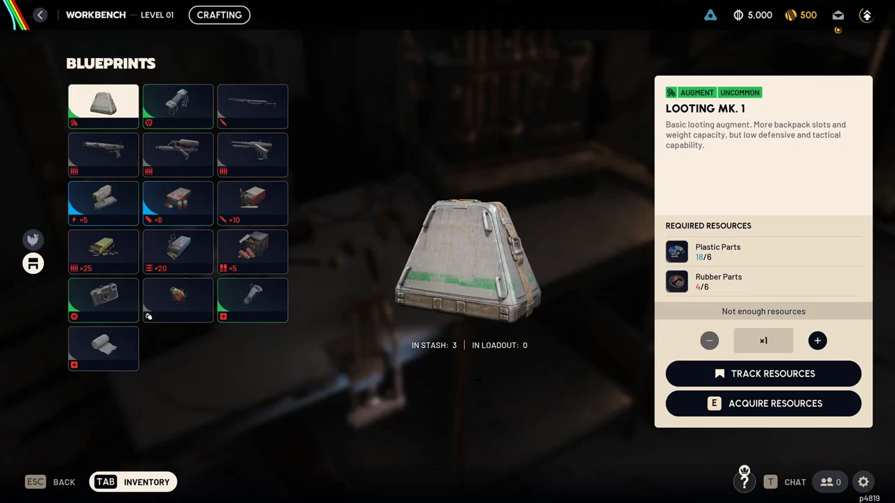 The level 1 Workbench Crafting list with a blueprint selected and a resource warning shown
