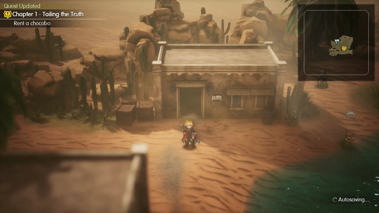 Chapter 1 quest tracker reading Rent a chocobo as the party stands outside in the desert village