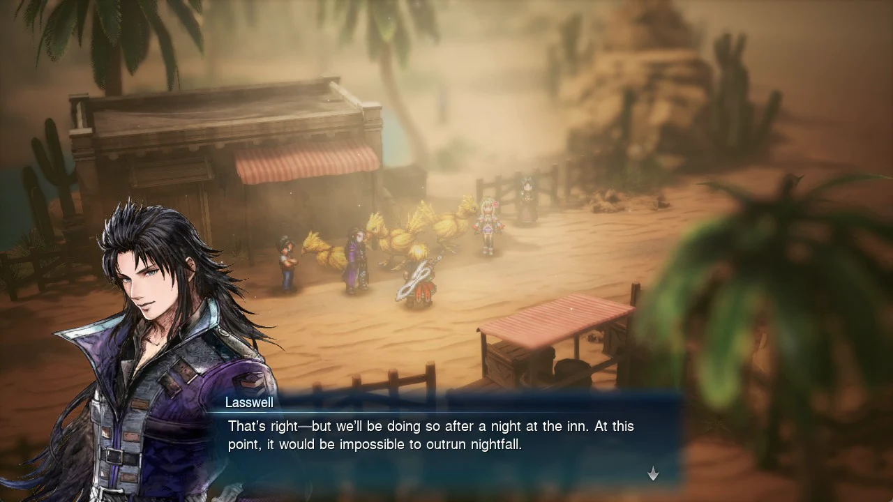 Lasswell's dialogue box explaining the party will rest at the inn overnight before moving on