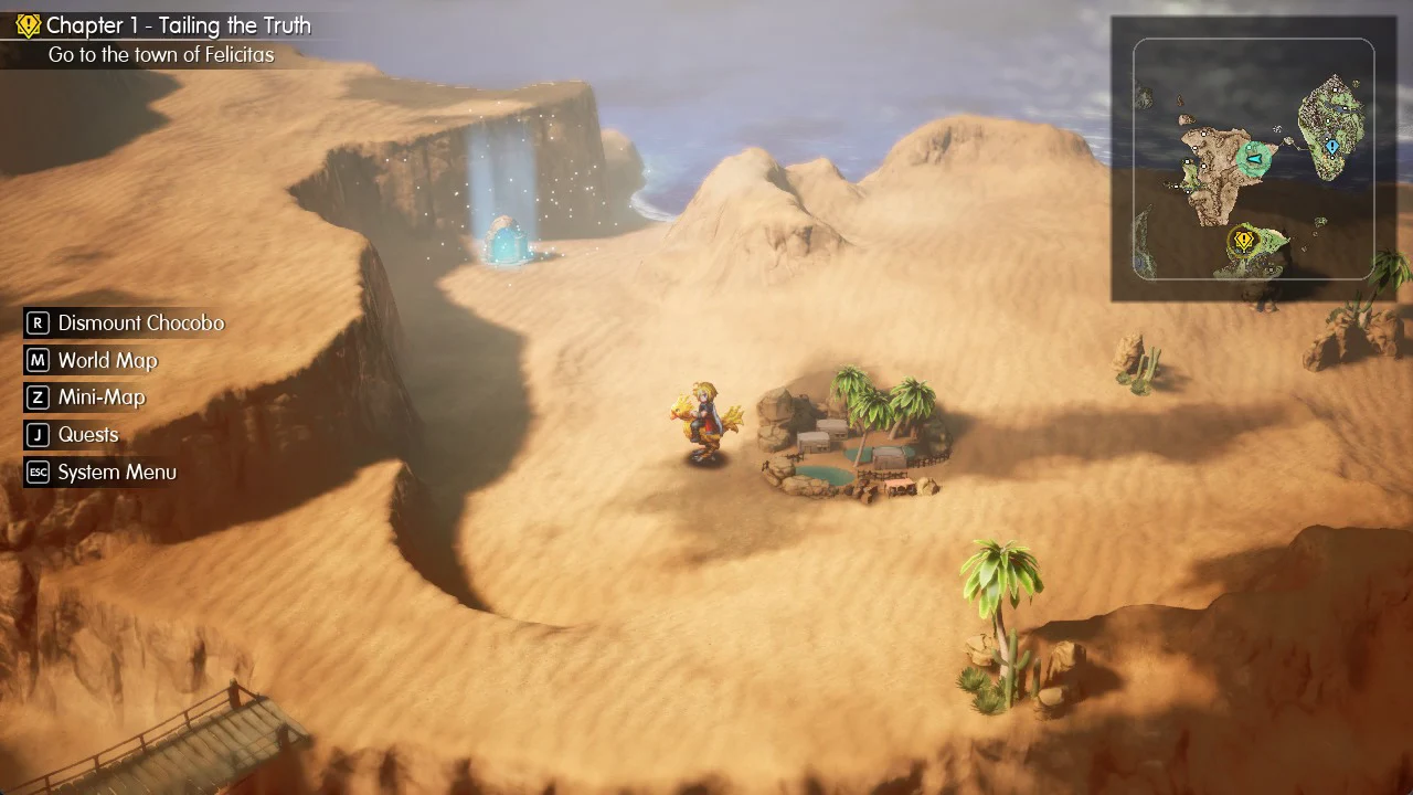 Party riding a chocobo across the desert toward Felicitas with the dismount control shown in the corner