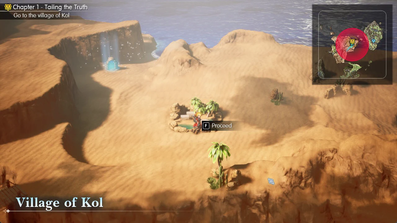 Desert field map with the F Proceed prompt active at the edge of the Village of Kol oasis