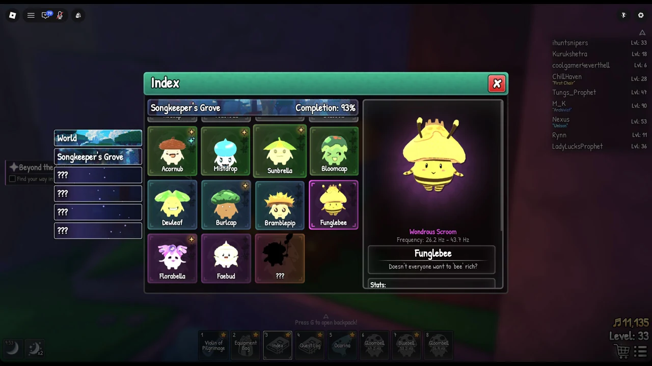 The Funglebee card highlighted in the Songkeeper's Grove Index with its Wondrous classification and frequency